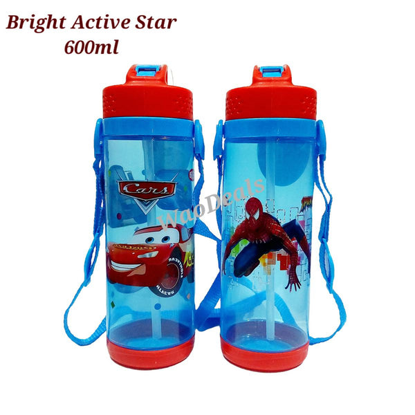 Bright Active Star Unbreakable Clear Plastic Children's School 600ml Sipper Water Bottle with Straw and Carrying Strap Slim Shape Water Bottle for Kids