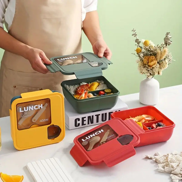 Bento Lunch Box 3-Compartment Adult Food Storage Container with a Spoon and Sauce Box for Work, School, Travel