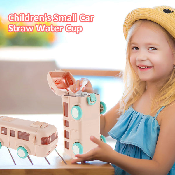500ml Toy Car Water Bottle Leakproof Bus Shape Kids Small Car Straw Kettle Drinkware with Shoulder Strap for School Sport