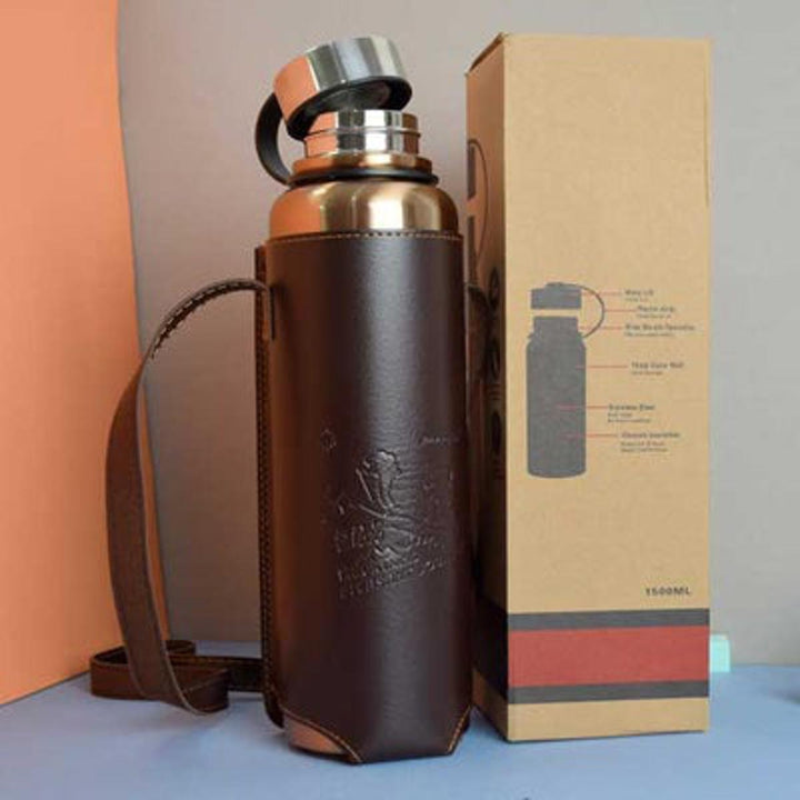 1500ml Stainless Steel Thermos Flask – Hot & Cold Vacuum Bottle with Leather Cover for Outdoor, Travel & Camping 🥤🌄🔥❄️ waodeals