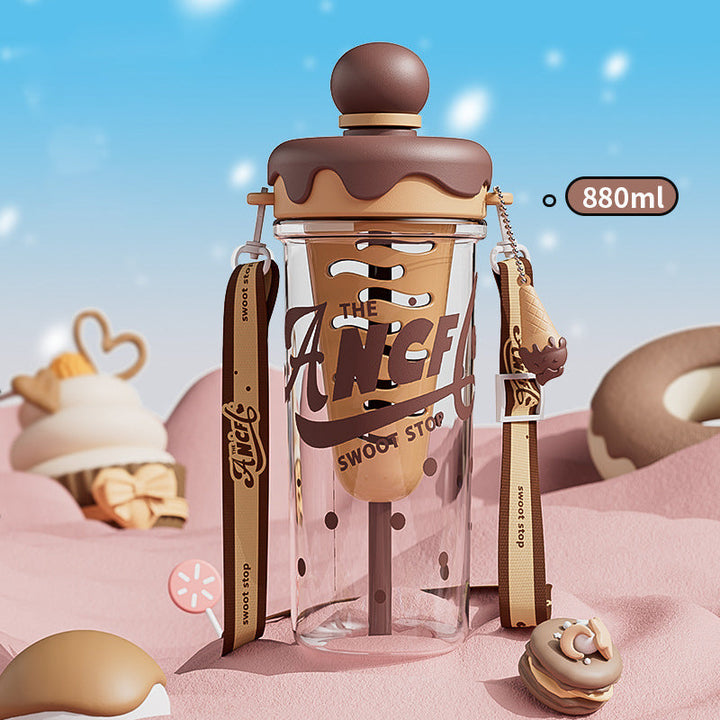 Ice Cream Cone Water Bottle 880ml Sports Sipper with Straw & Strap Portable Plastic Water Bottle with Inner Ice Cube Holder waodeals