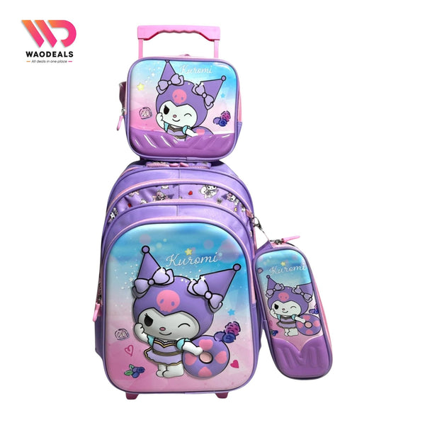 🎒 18 Inch 3D Kuromi 3-Piece School Trolley Bag Set for Girls | Premium Quality Travel & School Backpack waodeals