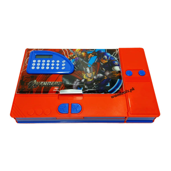 Avengers Cartoon Character Multifunction Jumbo Pencil Box, Stationery Box, with Calculator and Keychain for Kids-Waodeals