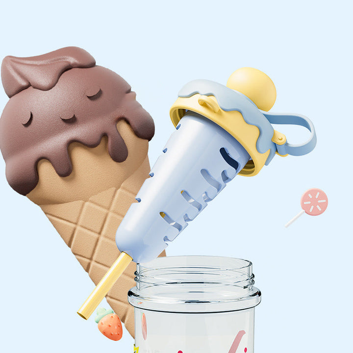Ice Cream Cone Water Bottle 880ml Sports Sipper with Straw & Strap Portable Plastic Water Bottle with Inner Ice Cube Holder waodeals