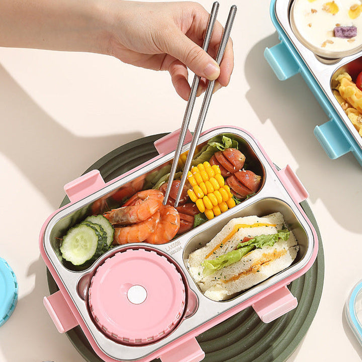 🍱 SmartMeal 3 Compartment Stainless Steel Bento Lunch Box | Leakproof Airtight Food Container with Bowl, Spoon & Chopsticks✨ waodeals
