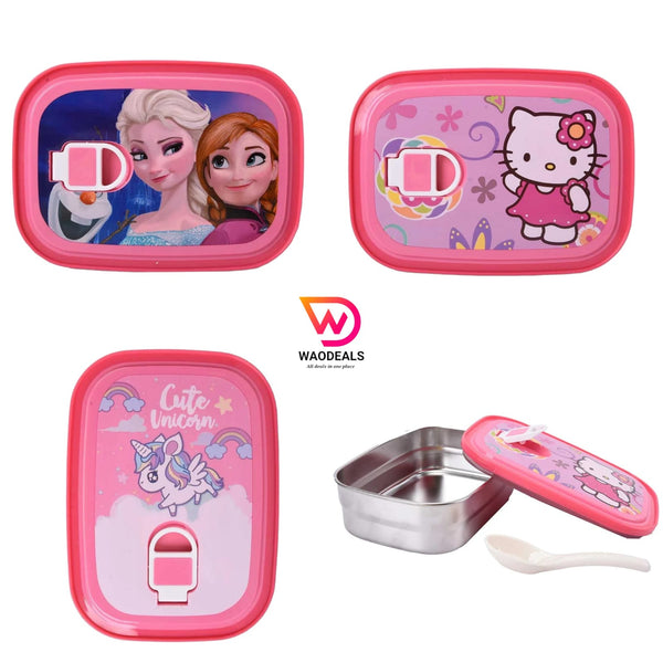 Air-Tight Stainless Steel Lunch Box with Plastic Spoon, Cute Girls Cartoon Characters Printed School Tiffin Box for Character Lover Girls