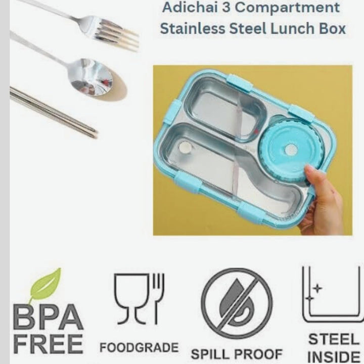 🧸Bear Family Bento Stainless Steel Lunch Box 3-Compartment Tiffin Box with Chopsticks & Spoon💙 waodeals