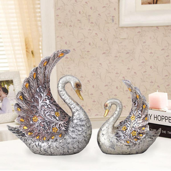 Antique Silver-plated Couple Swan Ornament Home Living Room Decoration Figurine Resin Retro Handicrafts Wedding Decor Gifts