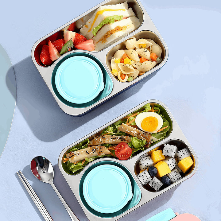 Galaxy Bites 3-Grid Stainless Steel Bento Lunch Box – Leakproof, With Bowl & Spoon waodeals