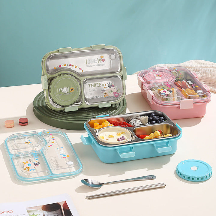 🍱 SmartMeal 3 Compartment Stainless Steel Bento Lunch Box | Leakproof Airtight Food Container with Bowl, Spoon & Chopsticks✨ waodeals