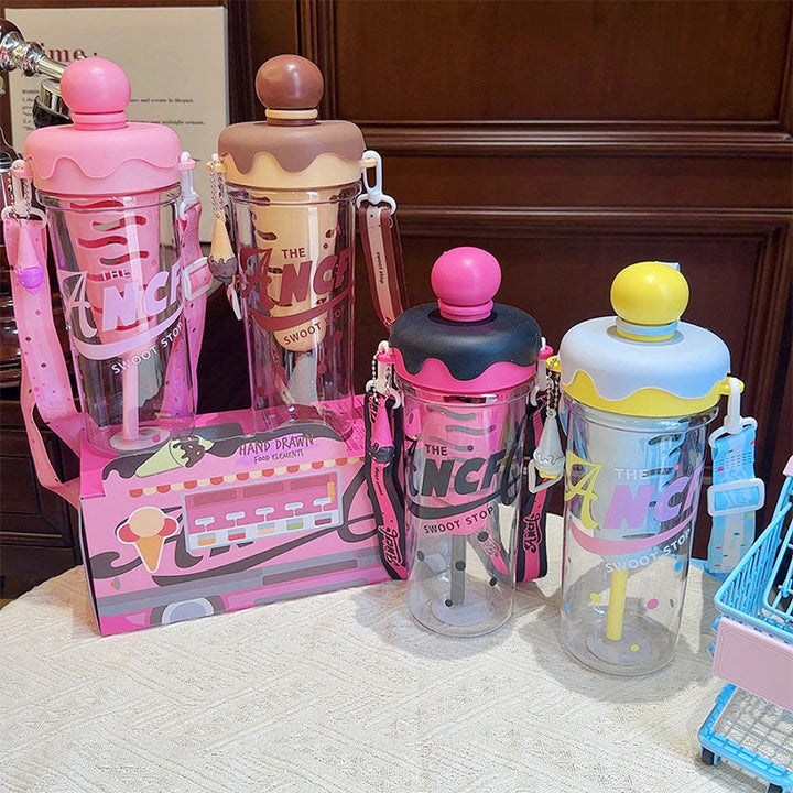 Ice Cream Cone Water Bottle 880ml Sports Sipper with Straw & Strap Portable Plastic Water Bottle with Inner Ice Cube Holder waodeals