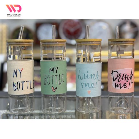 🥤 500ml Tall Can Glass with Lid & Straw – Leather Sleeve Design | Premium Aesthetic Drinkware ✨ waodeals