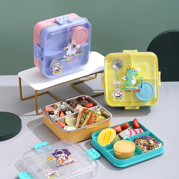 🍱 2-Layer Stainless Steel Lunch Box | 3 Compartments with Sauce Bowl & Spoon Kids & Adult Bento Box waodeals