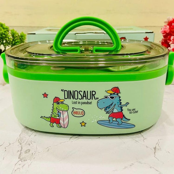 Cute Adorable Dinosaur Stainless Steel Lunch Box for School Kids with Spoon, 2-Compartment Lunch Box, Tiffin Box Portable Lunch Containers for Foods (Green - Dino)