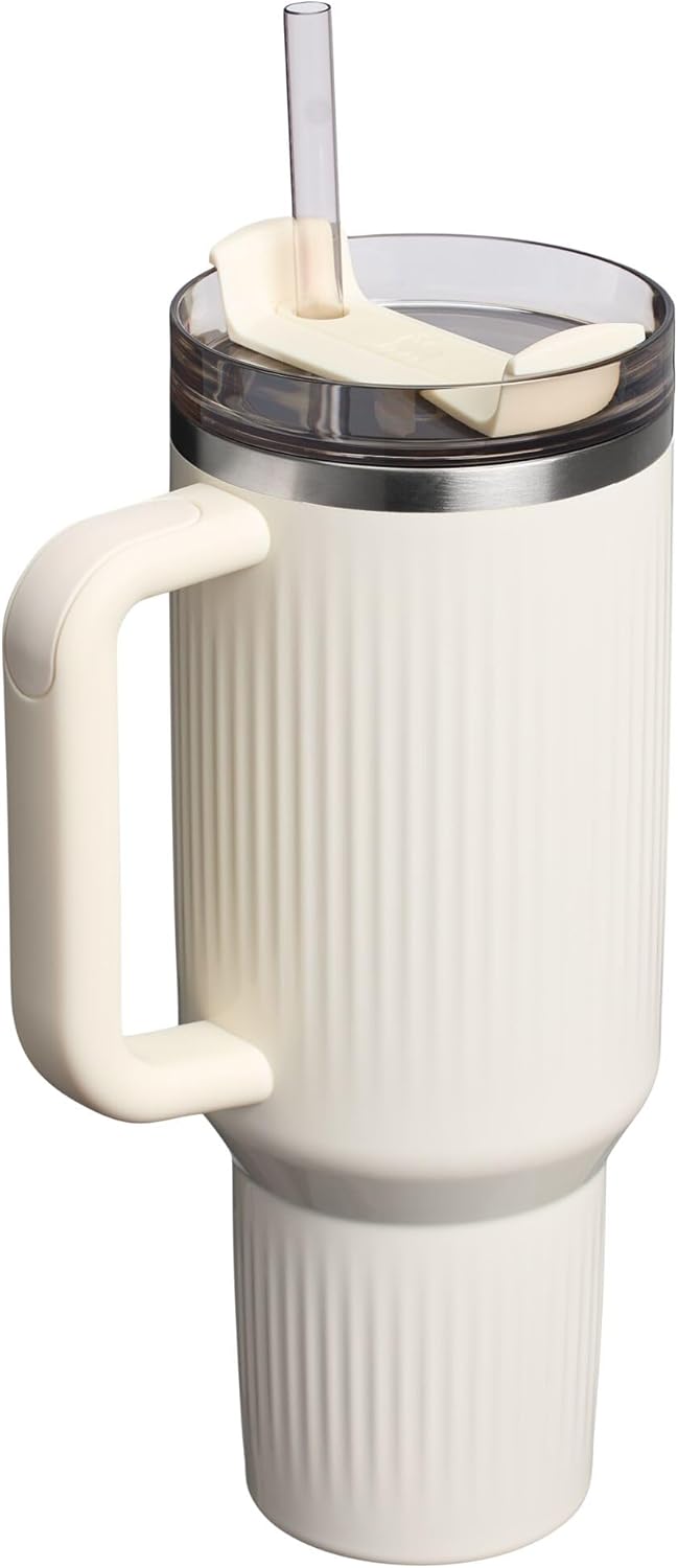 Stanley Quencher H2.0 Tumbler with Handle and Straw 40 oz | Flowstate 3-Position Lid | Cup Holder Compatible for Travel | Fluted Cream Gloss waodeals