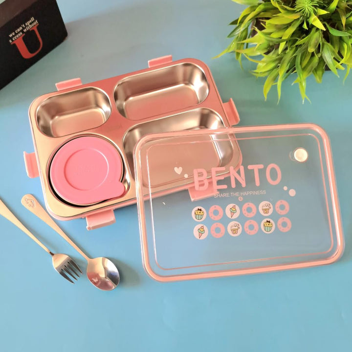 🍱 Stainless Steel Bento Lunch Box 4 Compartments | Insulated Tiffin Box with Spoon & Chopsticks waodeals