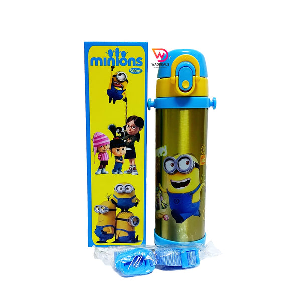 WaoDeals - Stylish Minions Character Stainless Steel Thermo Insulated Hot and Cold Water Bottle with Straw for School Boys Girls Kids 500ml