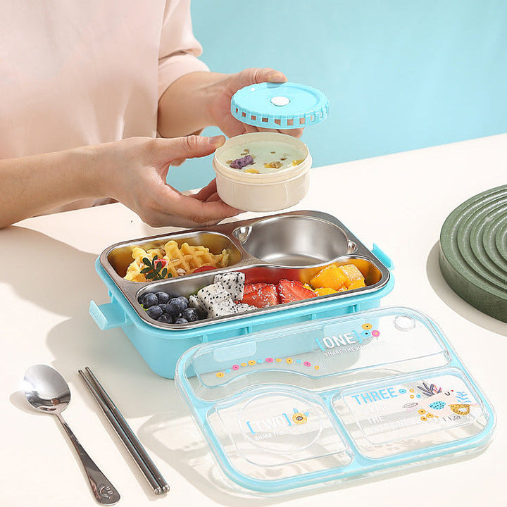 🍱 SmartMeal 3 Compartment Stainless Steel Bento Lunch Box | Leakproof Airtight Food Container with Bowl, Spoon & Chopsticks✨ waodeals