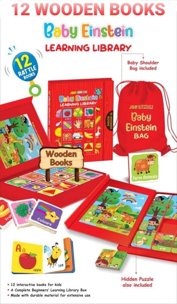 Baby Einstein My First Library: Set of 12 Best Quality Wooden Rattle Books with Bag - Special Edition for Babies