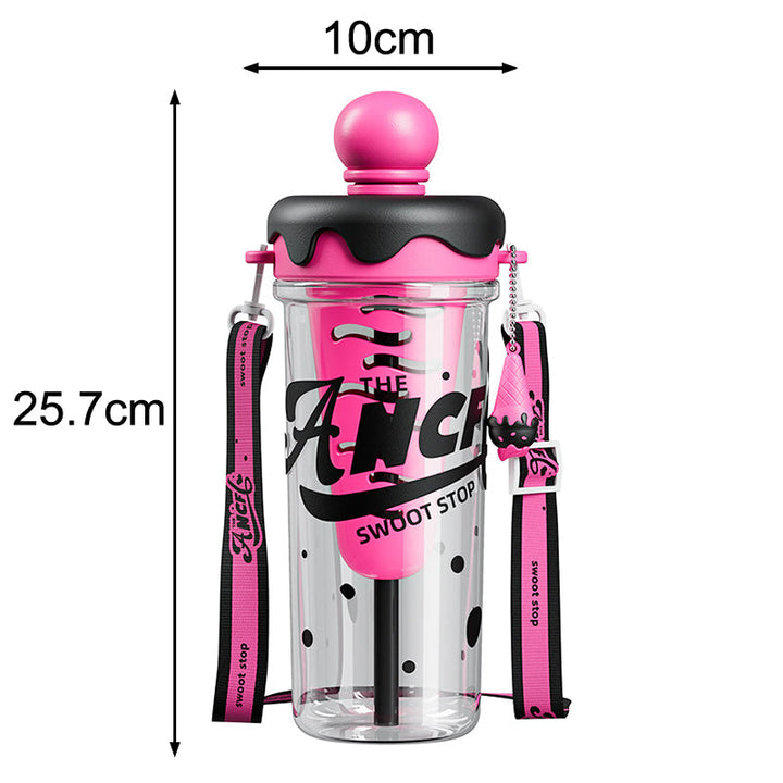 Ice Cream Cone Water Bottle 880ml Sports Sipper with Straw & Strap Portable Plastic Water Bottle with Inner Ice Cube Holder waodeals