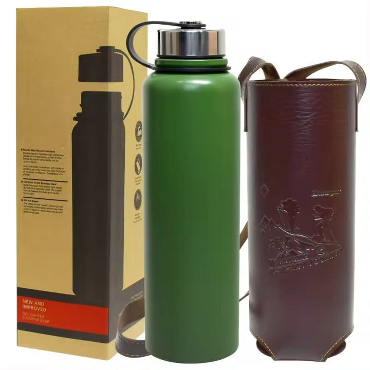 1500ml Stainless Steel Thermos Flask – Hot & Cold Vacuum Bottle with Leather Cover for Outdoor, Travel & Camping 🥤🌄🔥❄️ waodeals