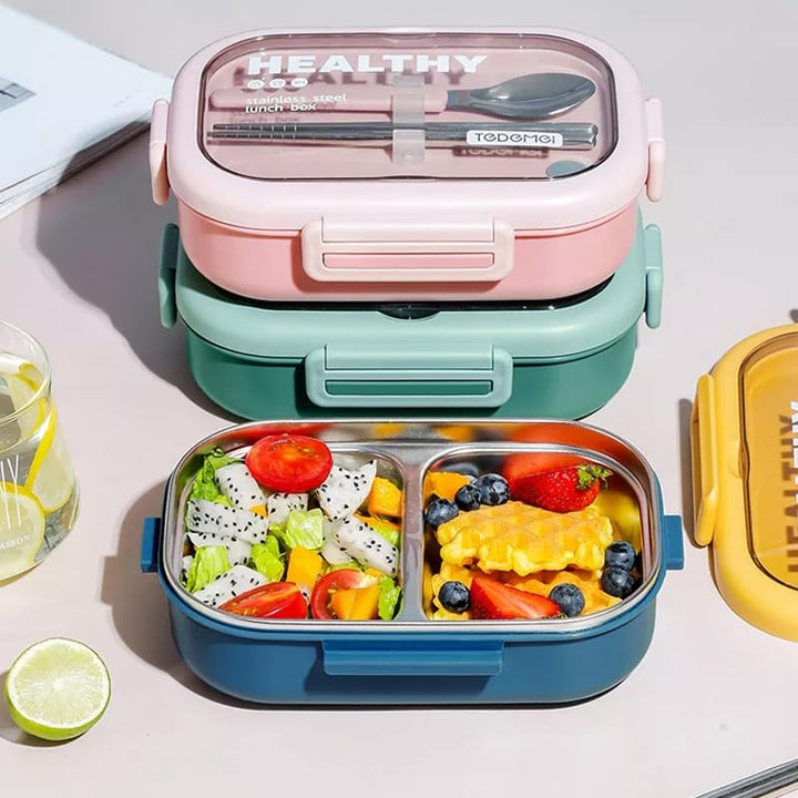 Tedemei Japanese Style Stainless Steel Lunch Box – 2-Compartment Insulated Bento with Spoon & Chopsticks | Leak-Proof, Microwave & Freezer Safe 🍱✨ waodeals