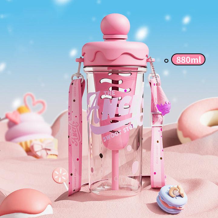 Ice Cream Cone Water Bottle 880ml Sports Sipper with Straw & Strap Portable Plastic Water Bottle with Inner Ice Cube Holder waodeals