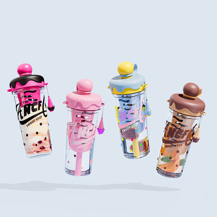 Ice Cream Cone Water Bottle 880ml Sports Sipper with Straw & Strap Portable Plastic Water Bottle with Inner Ice Cube Holder waodeals