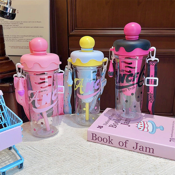 Ice Cream Cone Water Bottle 880ml Sports Sipper with Straw & Strap Portable Plastic Water Bottle with Inner Ice Cube Holder waodeals