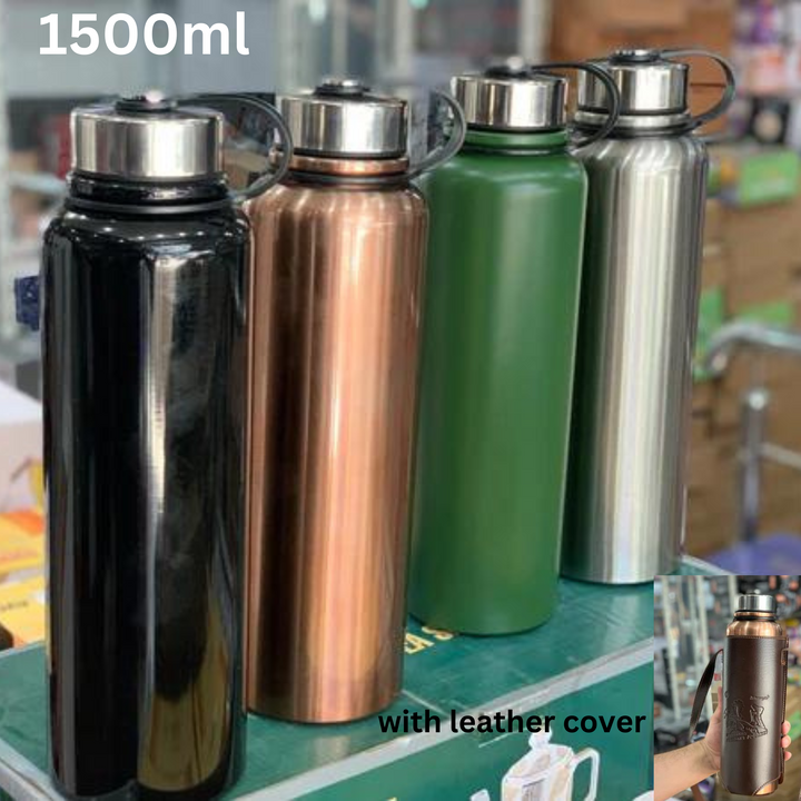 1500ml Stainless Steel Thermos Flask – Hot & Cold Vacuum Bottle with Leather Cover for Outdoor, Travel & Camping 🥤🌄🔥❄️ waodeals