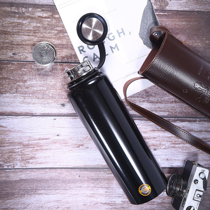 1500ml Stainless Steel Thermos Flask – Hot & Cold Vacuum Bottle with Leather Cover for Outdoor, Travel & Camping 🥤🌄🔥❄️ waodeals