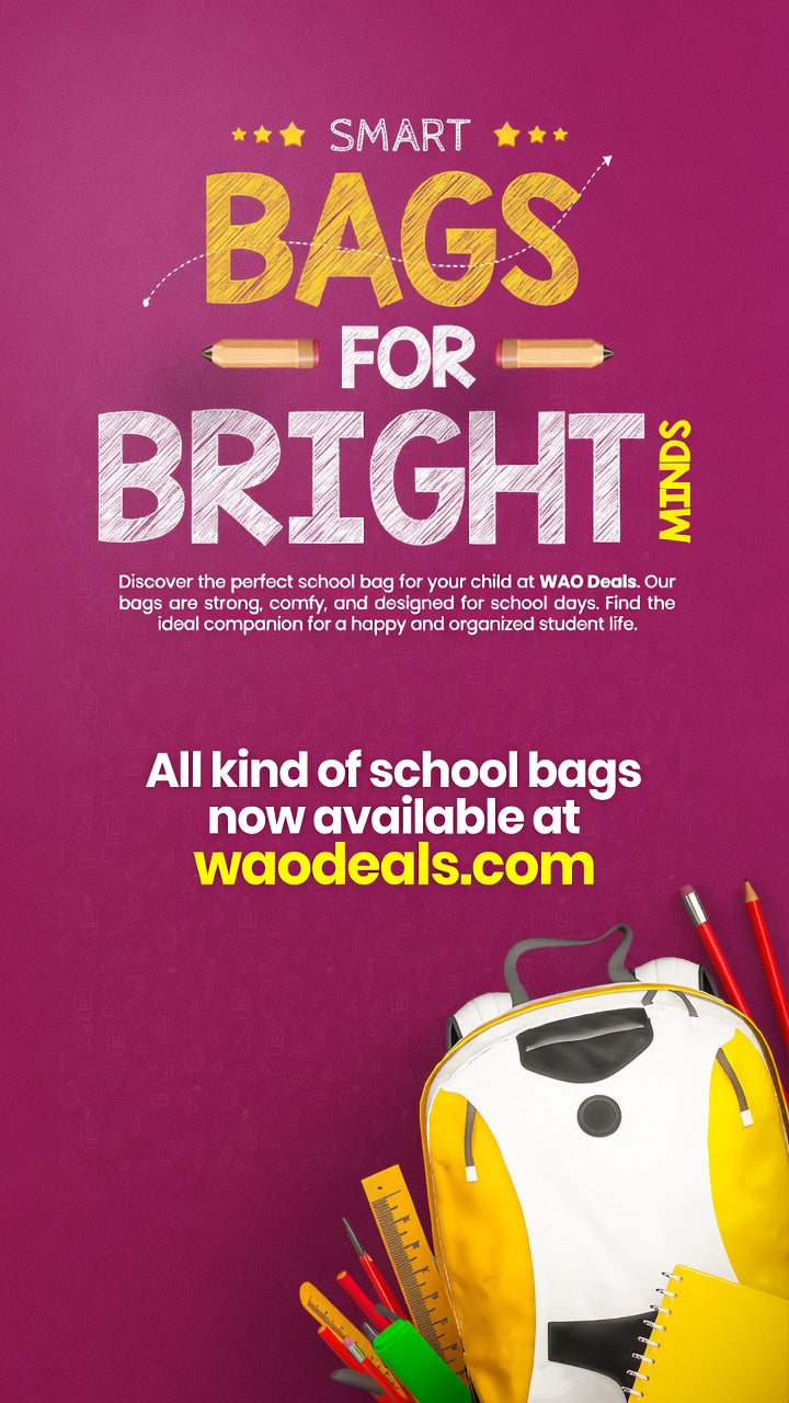 Promotional graphic for 'Smart Bags for Bright Minds' by WAODEals, featuring a purple background with yellow and white text and school bag accessories like a yellow backpack, pencils, and a ruler at the bottom.