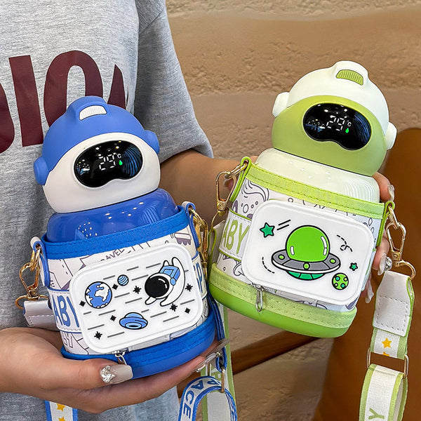 Baby Kids Astronaut Thermos Stainless Steel 500ml Water Bottle with Straw Strap Cover Temperature Display WaoDeals