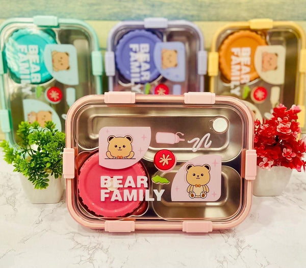 Bear Family lunch box with pink lid and bear design on a light background