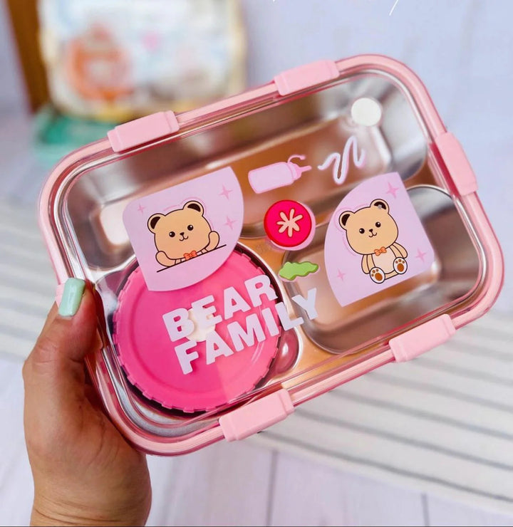 🧸Bear Family Bento Stainless Steel Lunch Box 3-Compartment Tiffin Box with Chopsticks & Spoon💙 waodeals