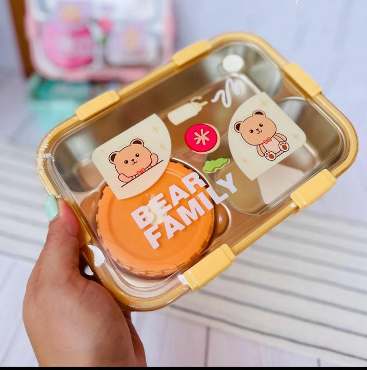 🧸Bear Family Bento Stainless Steel Lunch Box 3-Compartment Tiffin Box with Chopsticks & Spoon💙 waodeals
