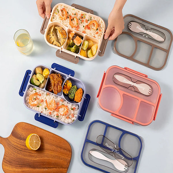 Bento Lunch Box 1100ml – 4-Compartment Food Container with Spoon for Kids, Adults, Work & School waodeals