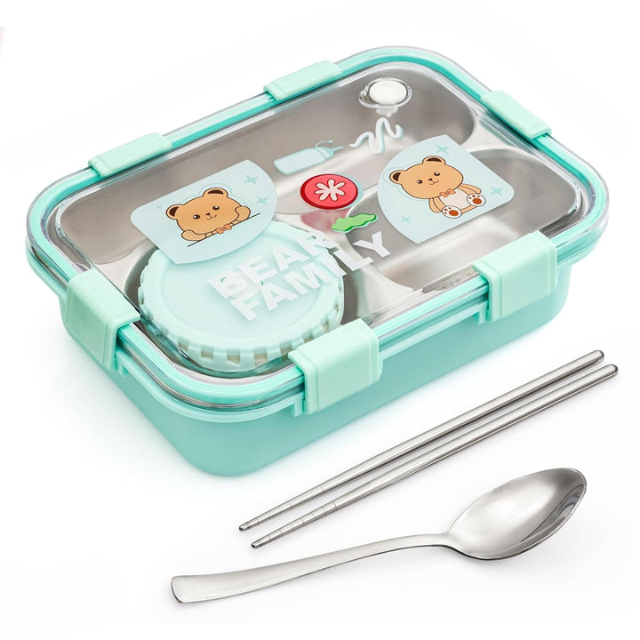🧸Bear Family Bento Stainless Steel Lunch Box 3-Compartment Tiffin Box with Chopsticks & Spoon💙 waodeals