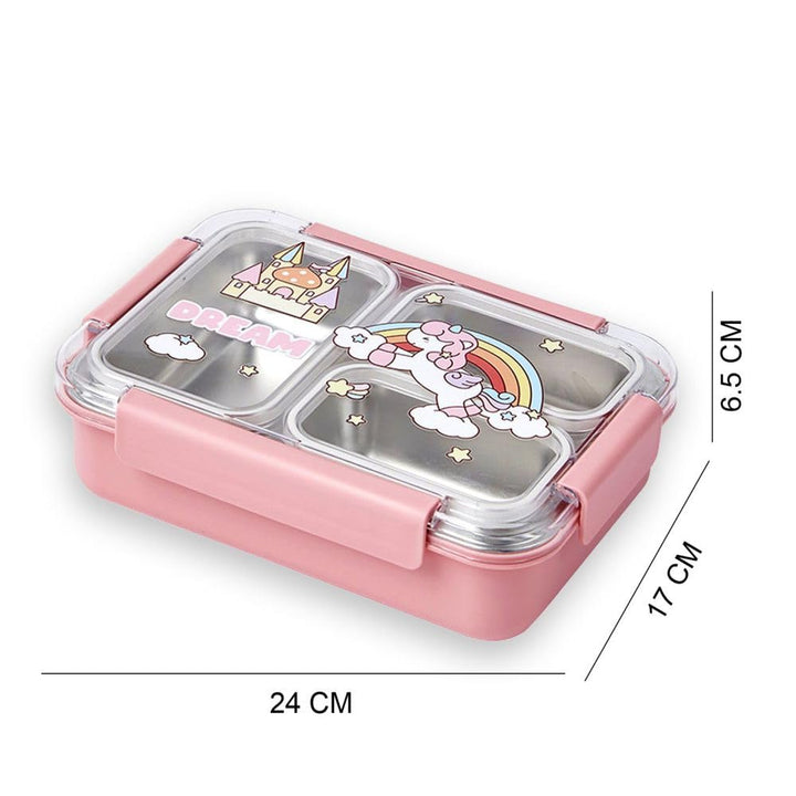 🍱✨ Surprise Box – 3 Compartment Stainless Steel Bento Lunch Box for Kids with Fork & Spoon Leak-Proof, Cute Unicorn & Castle Design 🦄 waodeals