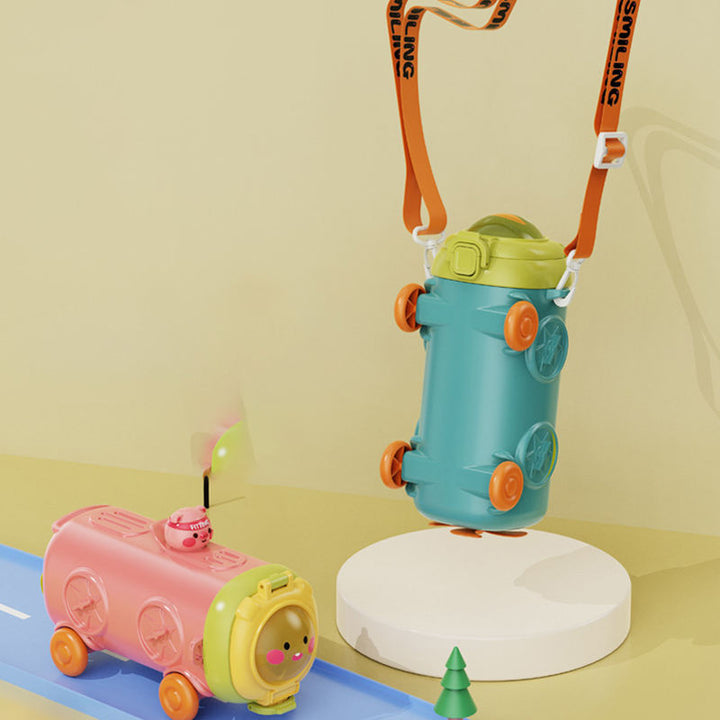 Colorful toy water tank with a pink car-like vehicle on a yellow background