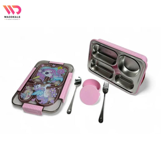 Children's stainless steel lunch box set with pink accents and cartoon design on a white background.