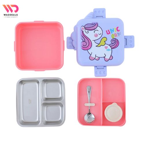 🍱 Unicorn Insulated Stainless Steel Lunch Box 3 Compartments – Double-Layer Bento Box with Steel Spoon & Small Container 🦄✨ waodeals