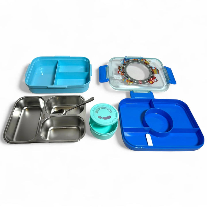Set of blue and silver children's lunchbox components on a white background