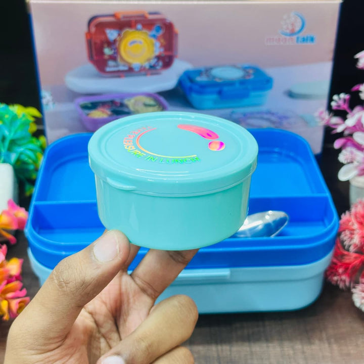Blue container with a lid held by a hand, with a colorful background