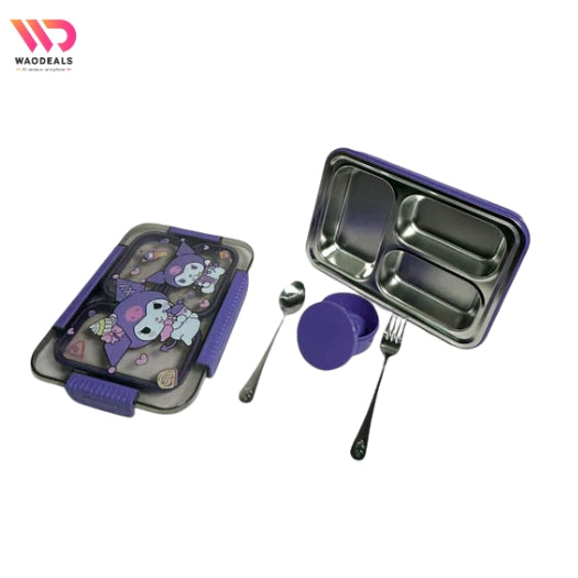 🍱✨ Kids Characters 3-Compartment Stainless Steel Bento Lunch Box with Spoon & Fork | Leak-Proof Cartoon Design 🦄🎒 waodeals