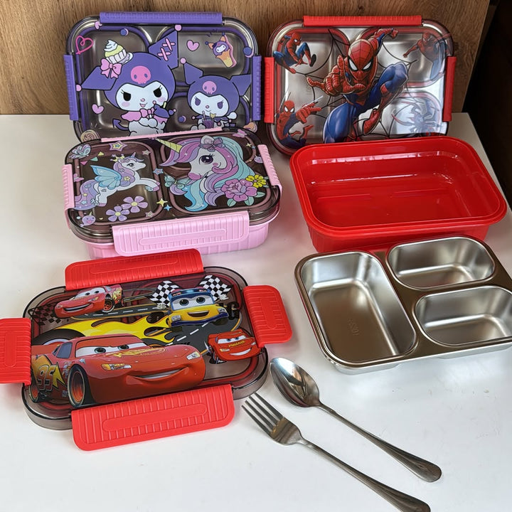 🍱✨ Kids Characters 3-Compartment Stainless Steel Bento Lunch Box with Spoon & Fork | Leak-Proof Cartoon Design 🦄🎒 waodeals