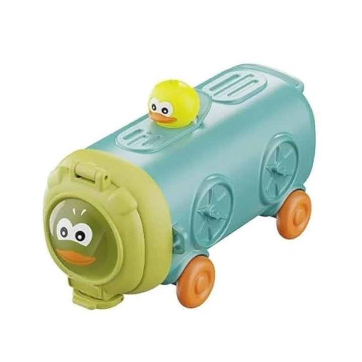 Toy vehicle with a duck on top on a white background