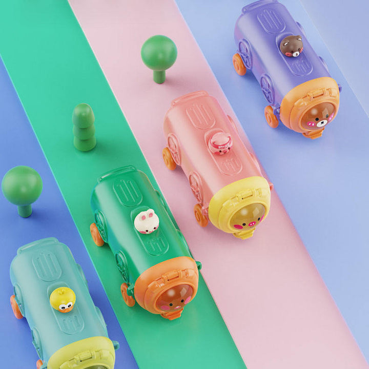 Colorful toy cars on a multicolored striped background