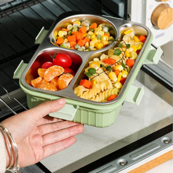 Lunch Box with 3 Compartment Inner Steel, 1 Small Container, Spoon & Chopstick Air-Tight Leakproof Heat Water Insulation Design- 750ml+70ml 🍱3 Compartment Design for Easy Meal Separation: Lunch Box features 3 inner stainles