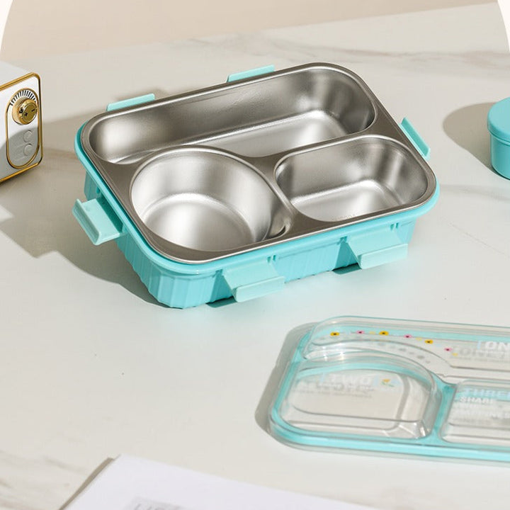 Lunch Box with 3 Compartment Inner Steel, 1 Small Container, Spoon & Chopstick Air-Tight Leakproof Heat Water Insulation Design- 750ml+70ml 🍱3 Compartment Design for Easy Meal Separation: The ATTRO Alpha Kids Lunch Box features 3 inner